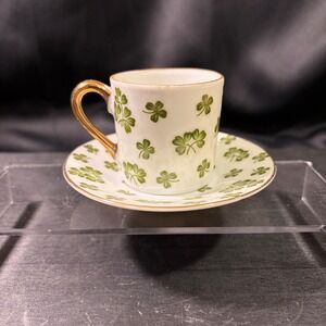 Inarco E-890 Vintage Shamrock Demitasse Cup and Saucer Set Gold Trim Green White